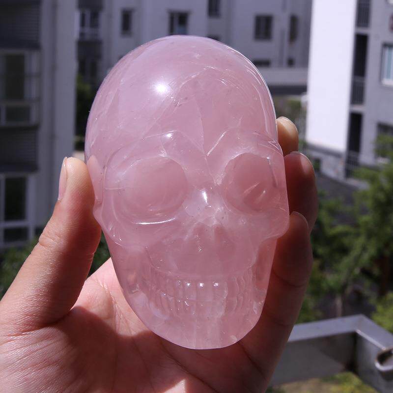 天然白水晶骷髅头粉晶原石雕刻家居外贸创意半宝石鬼头