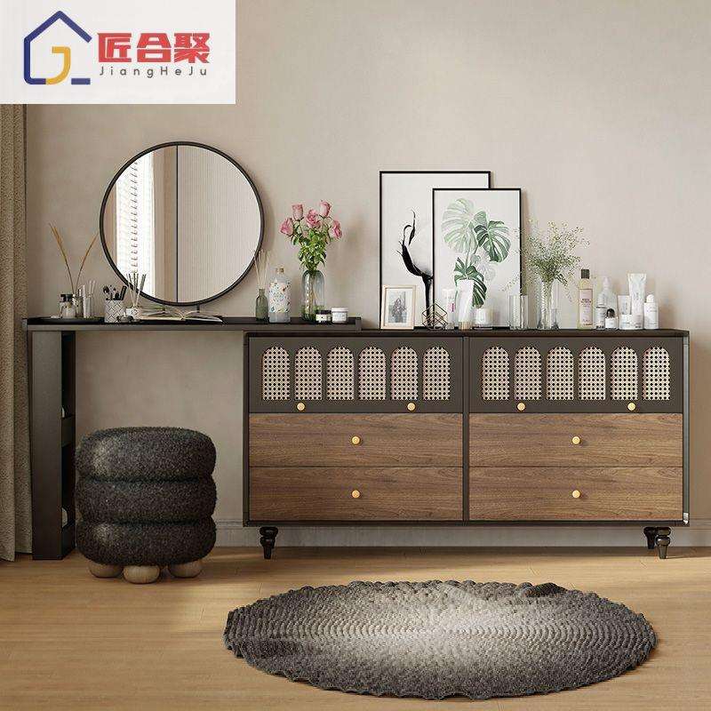 中古风梳妆台实木家用旋转桌卧室床尾柜化妆桌组合一体法式梳妆桌