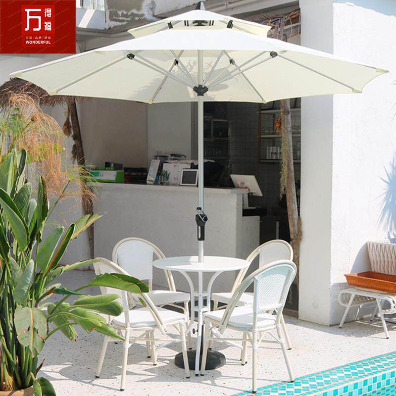白色户外休闲桌椅伞组合咖啡厅露台休闲阳台小茶几奶茶店外摆桌椅