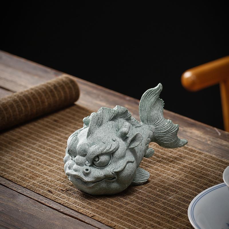 中式精品茶玩可养龙鱼一对招财茶宠摆件青砂石家居书房博古架饰品