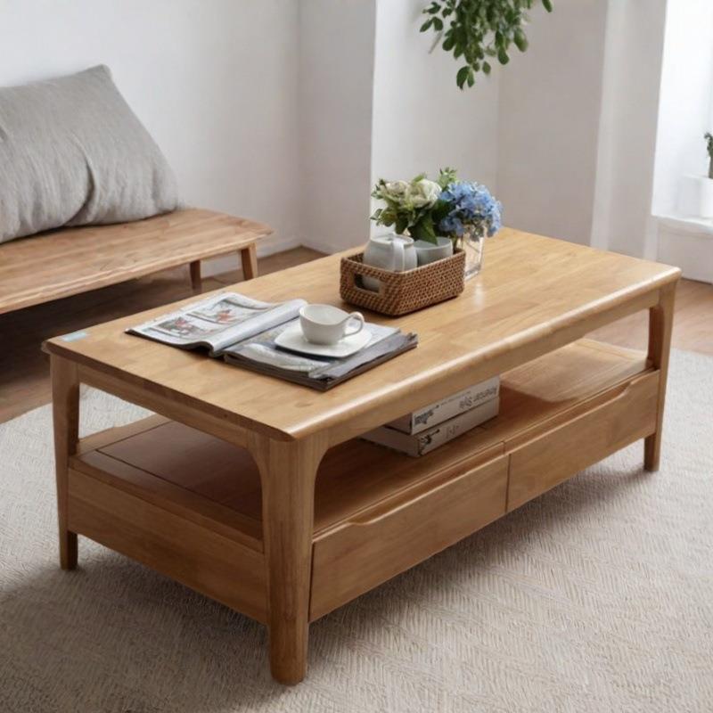 全实木茶几简约北欧客厅长方形双层带抽屉原木色储物边几角几茶桌