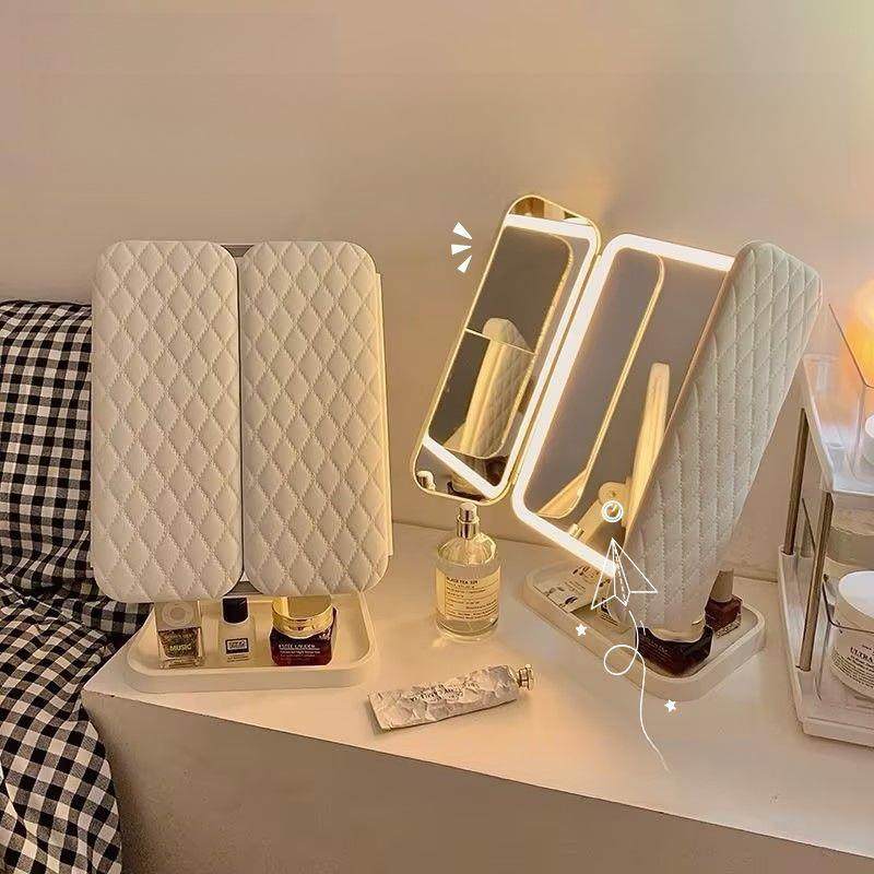 LED化妆镜带灯女生补妆镜学生宿舍桌面三折叠梳妆镜少女美妆镜