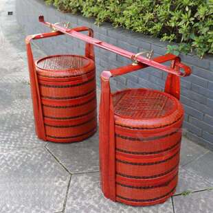 结婚喜庆箩筐采茶篮子结婚定亲西瓜红色生子婚庆扁担一对喜事婚礼