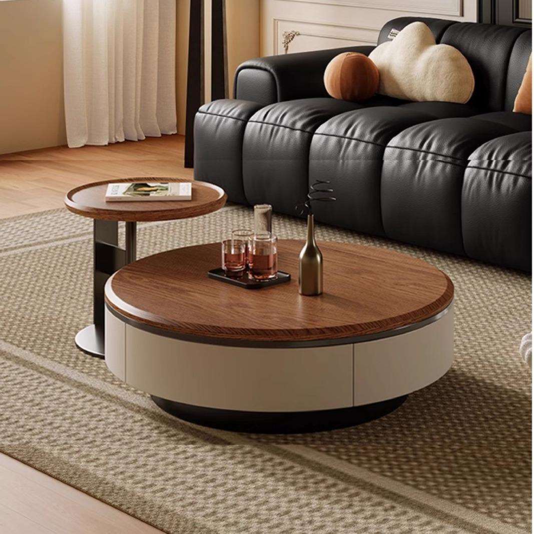 中古风圆形茶几电视柜组合胡桃色现代简约轻奢客厅家用2024新款