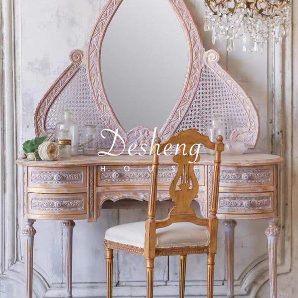 法式仿古金梳妆台复古做旧欧式雕花藤编化妆桌圆弧形罗马柱化妆台