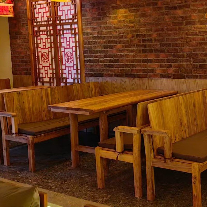 民谣酒馆桌椅实木卡座沙发椅子老C榆木酒吧桌子民谣集长方靠背椅