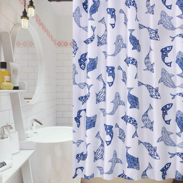 收鱼浴帘丰布挂钩浴防水防霉布中国风送涤纶隔断