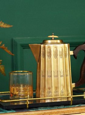 费灵家居进口黄铜手工雕花实木把手水扎轻奢冷水壶铜制壶装饰摆件