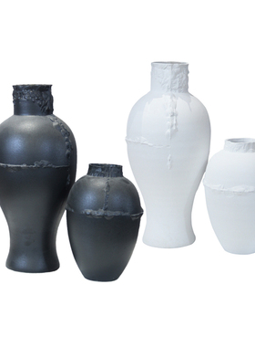 现代新中式样板房纯m色黑色哑光陶瓷落地大花瓶售楼处展厅白色花