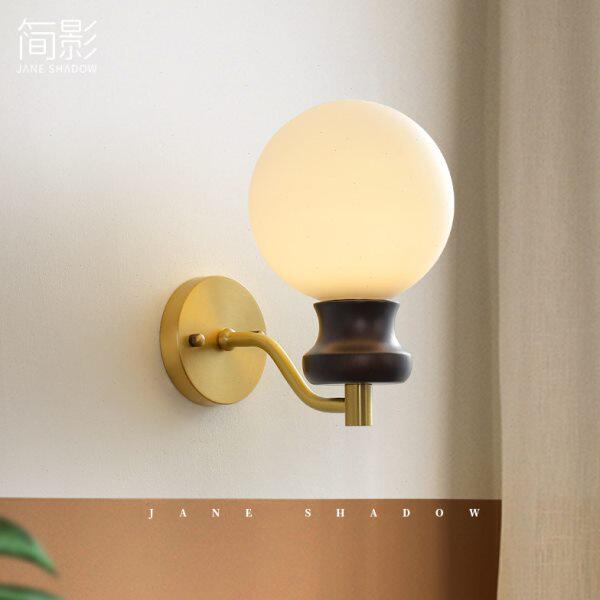 背景墙实木简约中古卧室床壁灯客厅复古法式过道全铜具头灯镜前灯