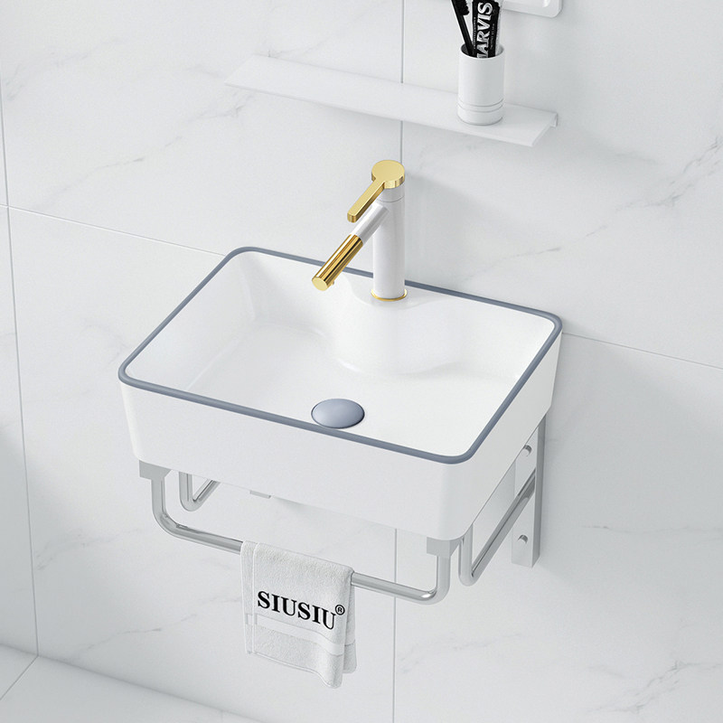 北欧小户型挂墙式轻奢灰色陶瓷洗C手盆不锈钢支架简易阳台洗脸水