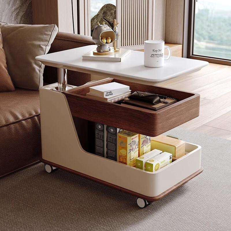 可移动升降沙发边几客厅多功能带轮小推车家用小户型岩板边柜茶几