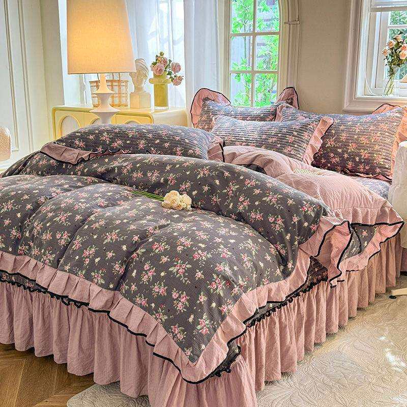 韩版法式床盖四件套公主花边针织加厚床单被套三件套四季通用碎花