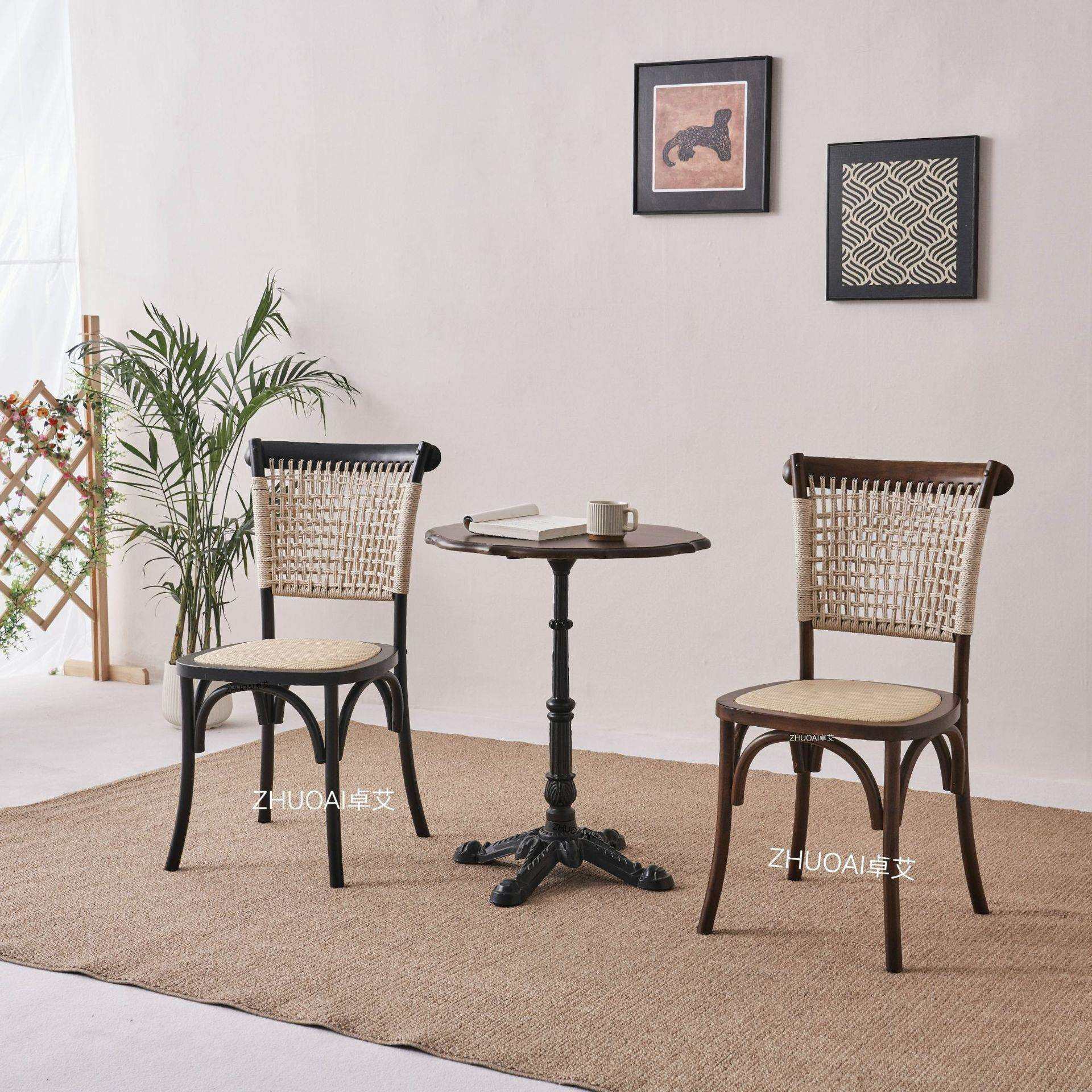 美式复古咖啡厅椅甜品奶茶店餐椅烘焙店实木西餐厅家具藤编餐桌椅