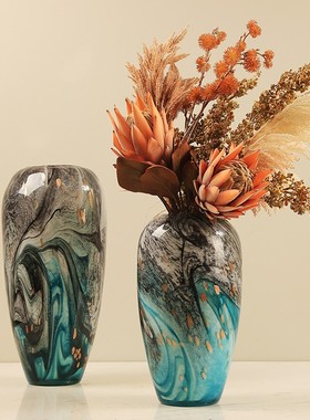现代轻奢水墨画琉璃花瓶艺术摆件玄关餐J桌装饰客厅插花花器样板