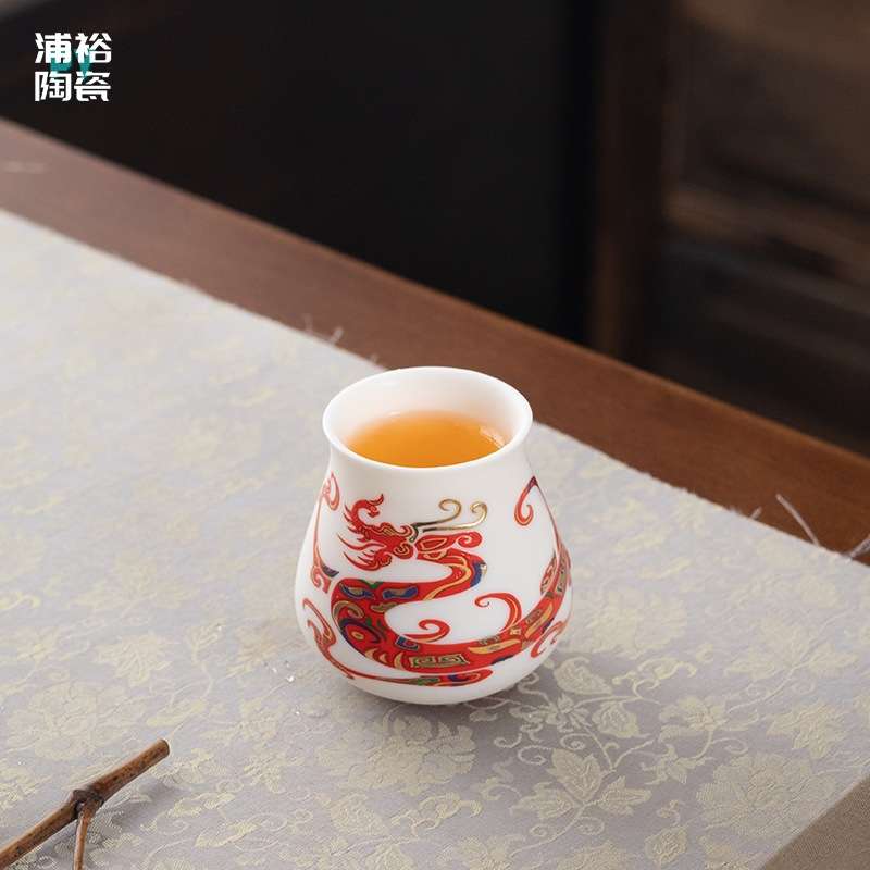 中式手工陶瓷描金高档主人杯家用国潮风白瓷品茗杯创意福意不倒杯