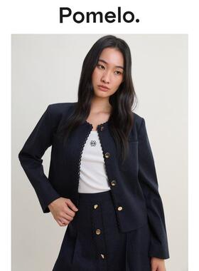 Pomelo 女士新款蓝色粗花呢长袖外套 休闲职业百搭上衣