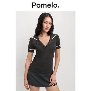 Pomelo 甜辣风撞色针织裙女翻领气质显瘦弹力包臀连衣裙女