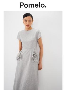 Pomelo 简约优雅收腰显瘦浅灰色碎花喇叭连衣裙