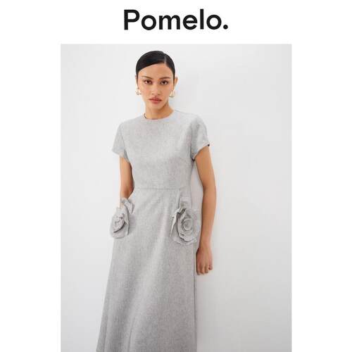 Pomelo 简约优雅收腰显瘦浅灰色碎花喇叭连衣裙
