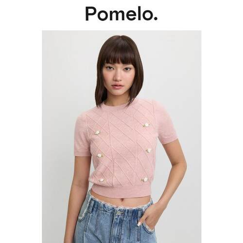 Pomelo 甜美风短款针织衫春粉色菱格立体花朵修身显瘦短袖T恤女