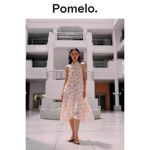 Pomelo 温柔风碎花挂脖连衣裙女挂脖设计感飘逸裙摆显瘦连衣裙女