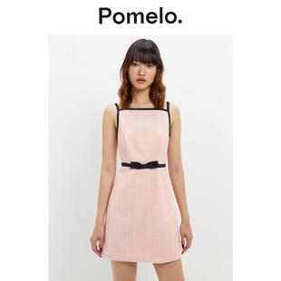 Pomelo 甜酷风粗花呢格纹吊带连衣裙蝴蝶结收腰显瘦气质A字连衣裙