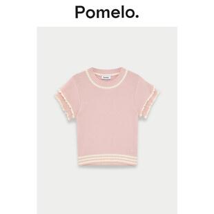 T恤上衣 撞色木耳边设计高腰显瘦短款 Pomelo 甜美风针织短袖