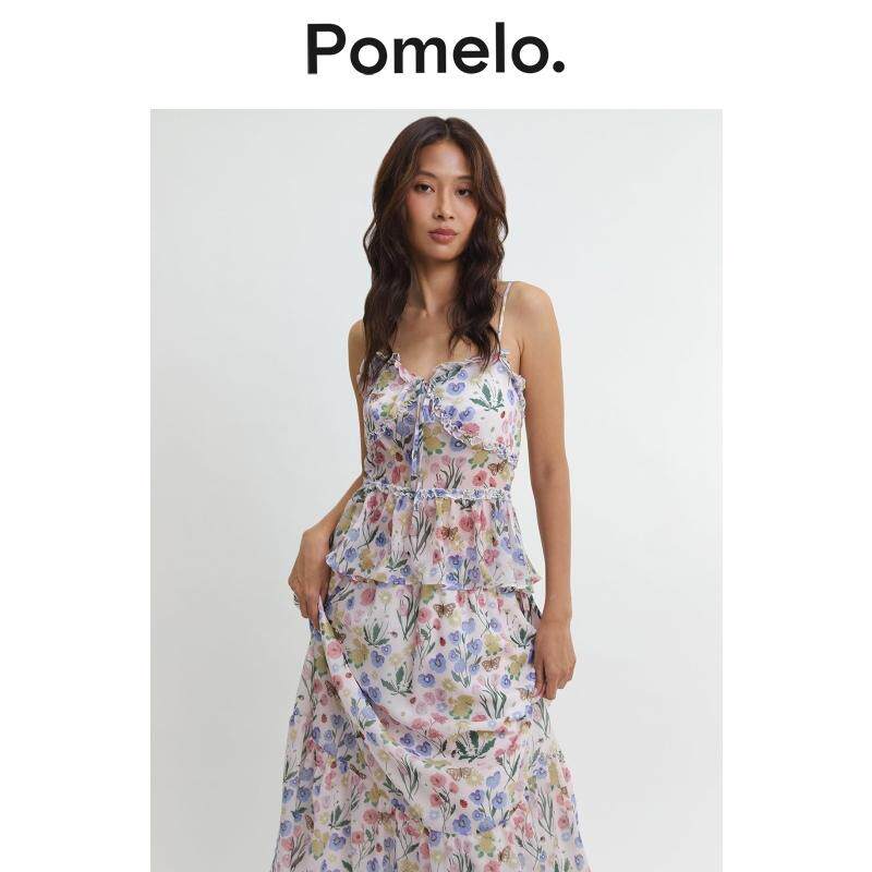 Pomelo夏季多色印花荷叶边桃心领长裙