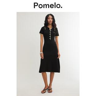 Pomelo 翻领前排扣针织中长连衣裙 - 黑色