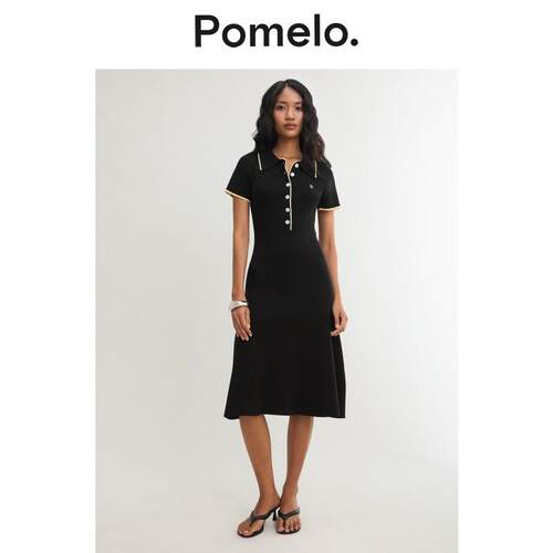 Pomelo 翻领前排扣针织中长连衣裙 - 黑色