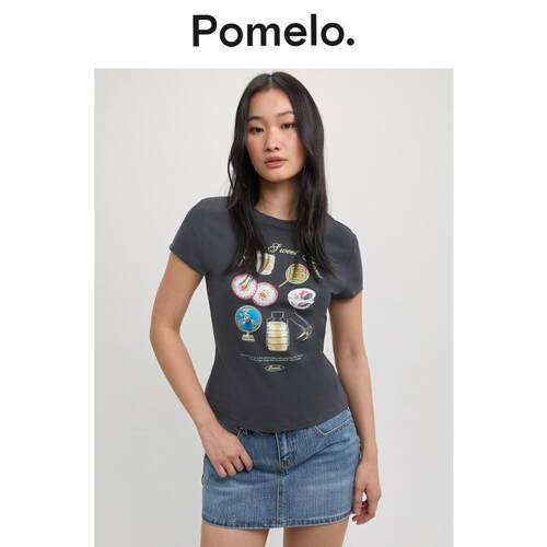 Pomelo 2026夏季新品女士修身显瘦版型短袖圆领图案印花短款T恤