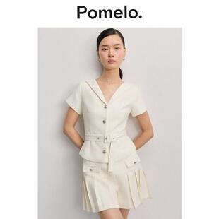 Pomelo 2026新品女装米白色翻领呢料腰带衬衫袖女士西装外套