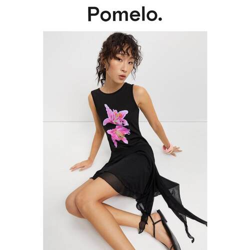 Pomelo 适宜透气修身系带设计网纱印花连衣裙女