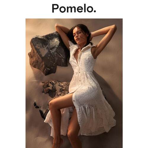 Pomelo 甜酷风白色无袖蕾丝连衣裙收腰荷叶边层叠下摆衬衫裙