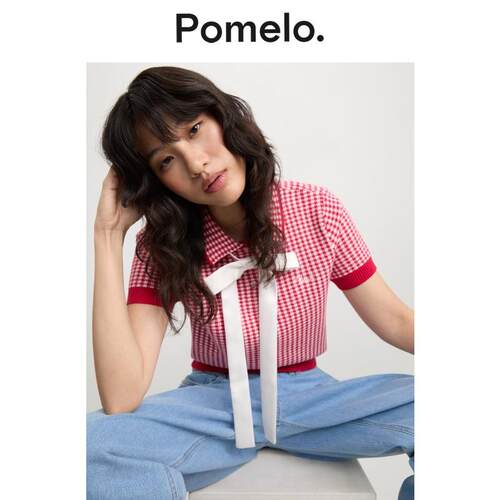Pomelo 通勤风红白格纹针织短袖女polo领修身显瘦小个子针织短袖