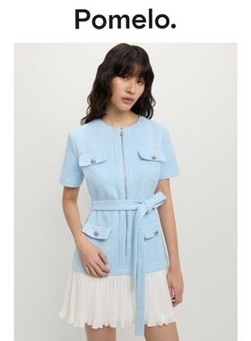 Pomelo 粗花呢拼百褶下摆连衣裙 - 浅蓝色