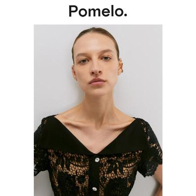 Pomelo 蕾丝翻领排扣迷你连衣裙 - 黑色