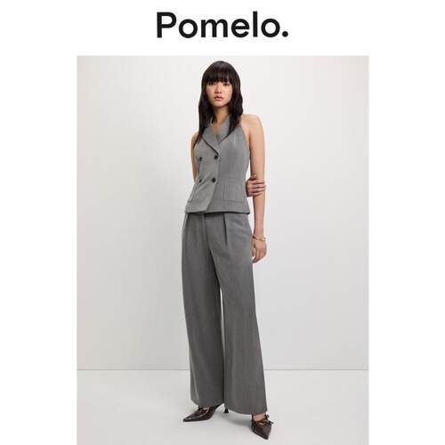 Pomelo 阔腿裤细条纹中灰色可搭配休闲长裤女
