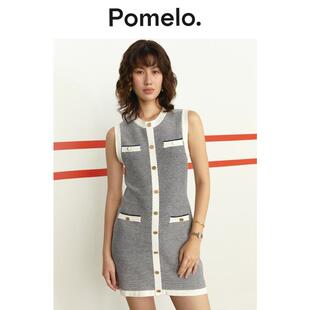 纽扣装 饰撞色优雅设计感小香风迷你连衣裙女 无袖 Pomelo