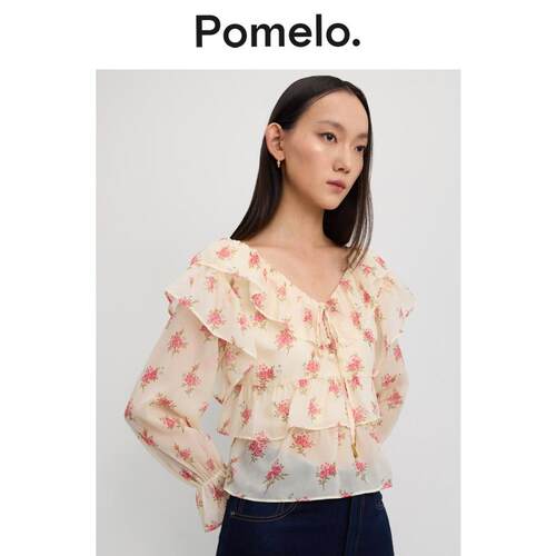 Pomelo 甜美清新荷叶边花卉印花宽松衬衫女
