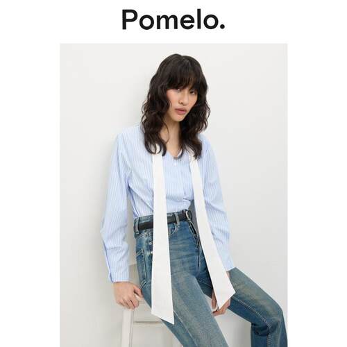 Pomelo 蓝白条纹飘带衬衣女新款设计感小众通勤长袖衬衫上衣