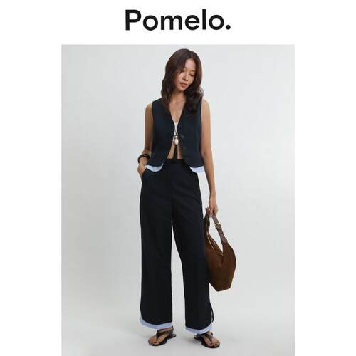 Pomelo 2026夏季新品女士长裤高腰设计 藏青色翻边阔腿宽松西装裤