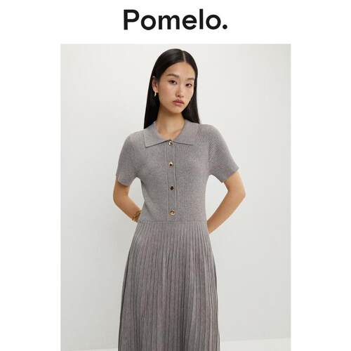 Pomelo 通勤风针织连衣裙女新款Polo领坑条显瘦易搭连衣裙女