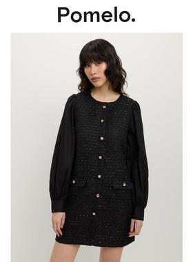 Pomelo 黑色钮扣粗花呢气质显瘦小香风连衣裙