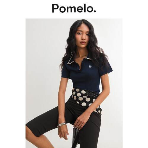 Pomelo 撞色饰边翻领针织上衣 - 蓝色