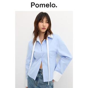 衬衣女 女设计感假两件翻领显瘦长袖 Pomelo 撞色飘带衬衫