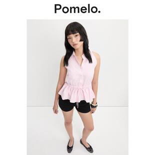 挂脖衬衫 抽绳收腰显瘦甜妹风无袖 韩系温柔风粉白条纹衬衫 Pomelo