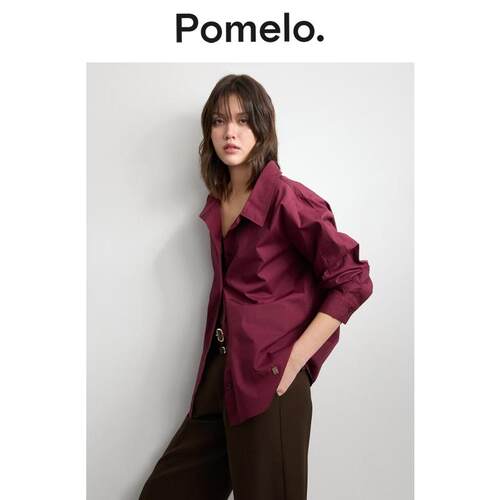 Pomelo 气质休闲酒红色衬衣宽松显瘦通勤易搭长袖衬衫女