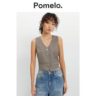 Pomelo V领马甲背心女 灰褐色休闲易搭短款